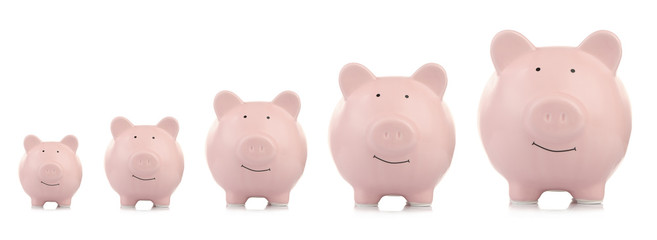 Collage of pink ceramic piggy banks isolated on white