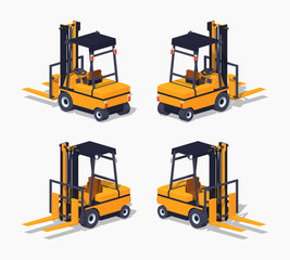 Orange forklift truck. 3D lowpoly isometric vector illustration. The set of objects isolated against the white background and shown from different sides