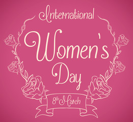 Women's Day Message in Roses Wreath In-line Style, Vector Illustration