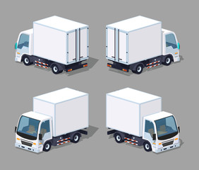 White cargo truck. 3D lowpoly isometric vector illustration. The set of objects isolated against the grey background and shown from different sides