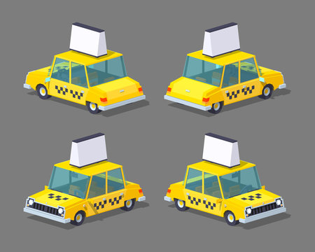 Taxi old sedan. 3D lowpoly isometric vector illustration. The set of objects isolated against the grey background and shown from different sides