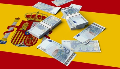 Stack of money on a Spanish Flag. 3D illustration