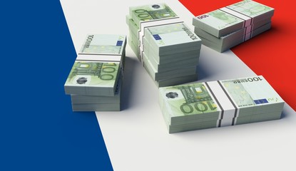 Stack of money on a French Flag. 3D illustration