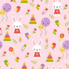 Seamless baby pattern. Vector illustration of children with toys and a hare on a beige background.