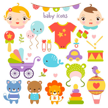 Baby icons set. Vector set of children's items, animals and toys.