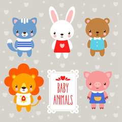 Vector baby animals. Vector set of cartoon animals on a gray background and the words.