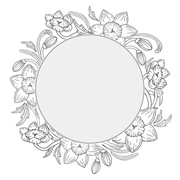 Vector daffodil flowers frame wreaf illustration, victorian style design