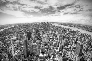 panoramic view over Manhattan, New York city from Empire State building, black and white, New York...