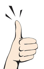 Vector pop art dotted thumbs up hand sign, like hand gesture for design in comic style isolated on white background