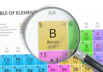 Boron - Element of Mendeleev Periodic table magnified with magnifying glass