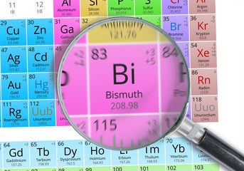 Bismuth - Element of Mendeleev Periodic table magnified with magnifying glass