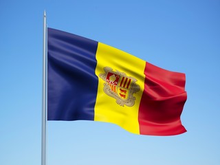 Andorra 3d flag floating in the wind with a blue sky background