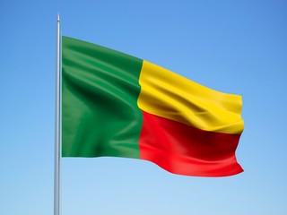 Benin 3d flag floating in the wind with a blue sky background 