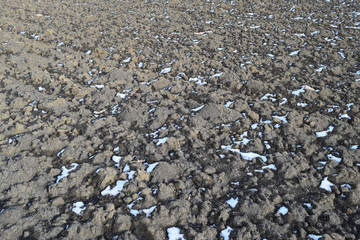 Melting snow on plowed soil