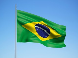 Brazil 3d flag floating in the wind with a blue sky background 