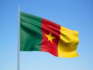 Cameroon 3d flag floating in the wind with a blue sky background 