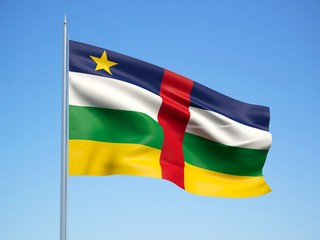Central African Republic 3d flag floating in the wind with a blue sky background 