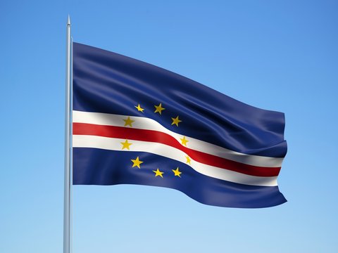 Cape Verde 3d flag floating in the wind with a blue sky background 