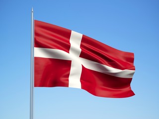 Denmark 3d flag floating in the wind with a blue sky background 