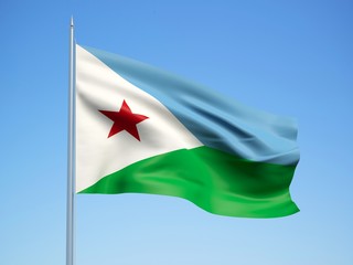 Djibouti 3d flag floating in the wind with a blue sky background 