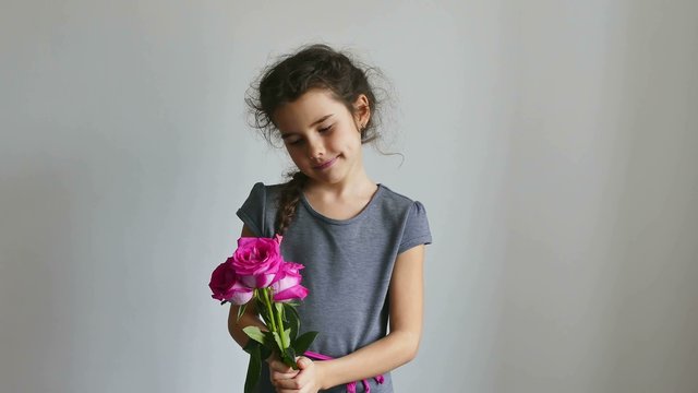 teen girl  happy gives roses flowers  
