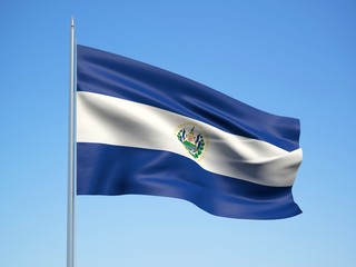 El Salvador 3d flag floating in the wind with a blue sky background 