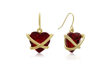 Fiery Ruby Red Heart Earrings in Yellow Gold