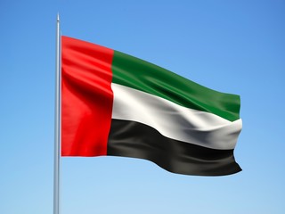 United Arab Emirates 3d flag floating in the wind with a blue sky background 