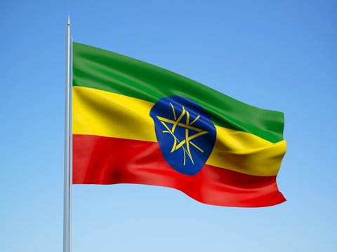 Ethiopia 3d flag floating in the wind with a blue sky background 