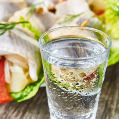 Cool vodka shot glass and herring