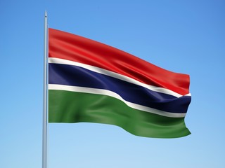 Gambia 3d flag floating in the wind with a blue sky background 