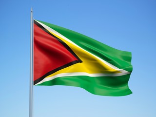 Fototapeta na wymiar Guyana 3d flag floating in the wind with a blue sky background 