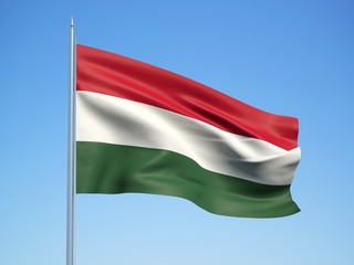 Hungary 3d flag floating in the wind with a blue sky background 