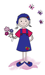 Niña feliz con flores y tres mariposas.