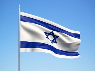 Israel 3d flag floating in the wind with a blue sky background 