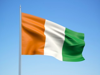 Ivory coast 3d flag floating in the wind with a blue sky background 