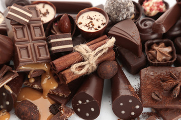 Assorted chocolate candies, close up