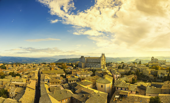 Orvieto medieval town and Duomo cathedral church aerial view. It