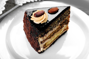 Piece of chocolate cake in white plate closeup