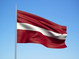 Latvia 3d flag floating in the wind with a blue sky background 