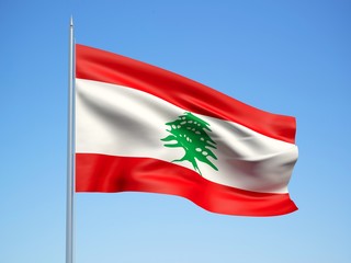 Lebanon 3d flag floating in the wind with a blue sky background 
