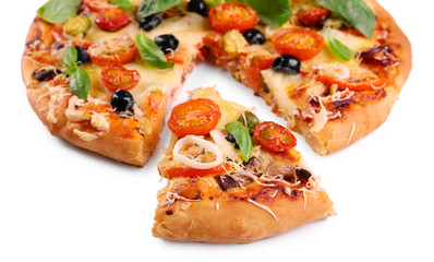 Delicious fresh pizza on white background
