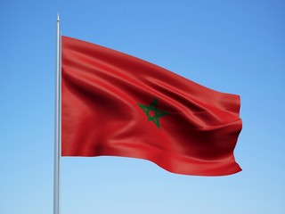 Morroco 3d flag floating in the wind with a blue sky background