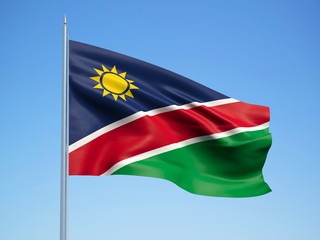 Namibia 3d flag floating in the wind with a blue sky background