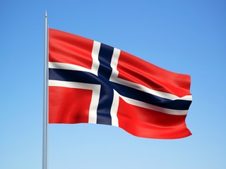 Norway 3d flag floating in the wind with a blue sky background