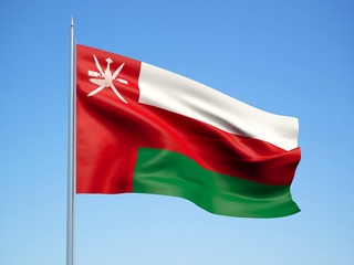 Oman 3d flag floating in the wind with a blue sky background