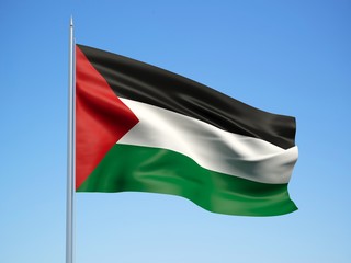 Fototapeta na wymiar Palestine 3d flag floating in the wind with a blue sky background