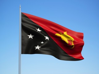 Papua New Guinea 3d flag floating in the wind with a blue sky background