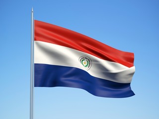 Paraguay 3d flag floating in the wind with a blue sky background