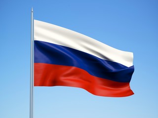 Obraz premium Russia 3d flag floating in the wind with a blue sky background